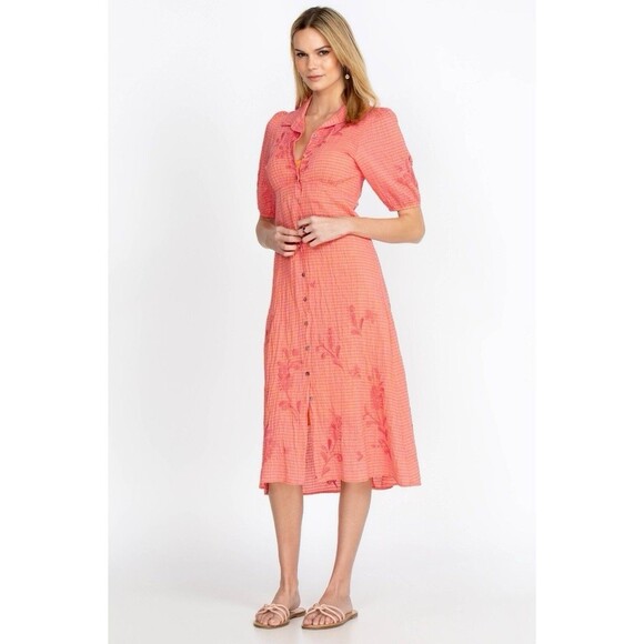 Johnny Was Dresses & Skirts - Johnny Was Orla Puff Sleeve Cotton Shirt Dress Midi Pink Orange Embroidered NWT